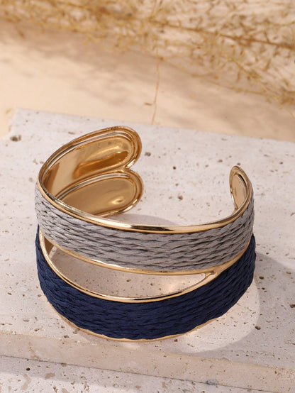 1 pieza Brazalete abierto de doble color estilo bohemio hecho a mano, con diseño intrincado y texturizado, adecuado para viajes, vacaciones, fiestas, tardes de té, festivales de música y uso diario