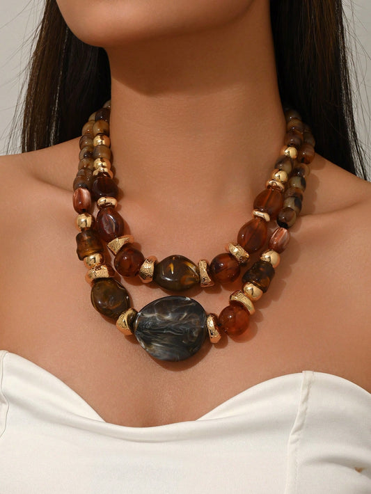 1pc Or 2pcs Set Vintage Elegant Bohemian Dopamine Color ABS Plastic Beads With CCB Beaded Necklace, Multiple Styles Available, Fashionable Elegant Layered Jewelry Set, Suitable For Women's Holiday Party Dress-Up Jewelry Gift, Can Be Worn All Year Round, Plastic Position Color Pattern Size Are Multi-Color Handmade, Each Bead Is Different But Does Not Affect Your Purchase
