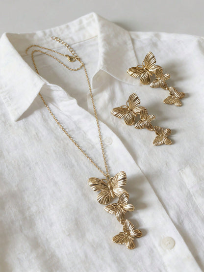 2pcs/Set Luxury Metal Butterfly Pendant Necklace And Earrings Set, Elegant Jewelry For Women Party And Evening Wear