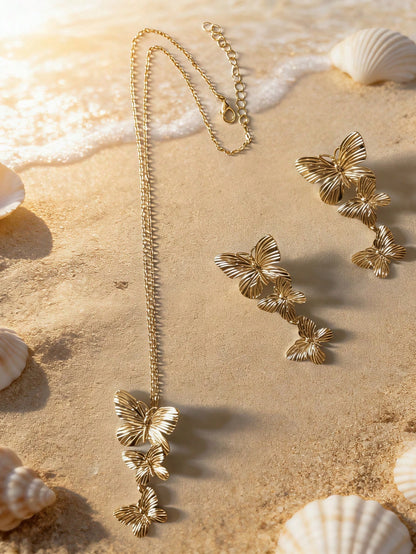 2pcs/Set Luxury Metal Butterfly Pendant Necklace And Earrings Set, Elegant Jewelry For Women Party And Evening Wear