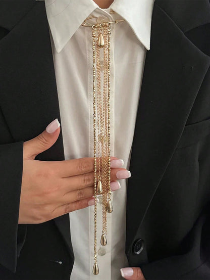 1pc Women's Modest Brooch, Suit Lapel Pin, INS Style Teardrop Tassel Pearl Chain Pendant, Unique Niche Birthday Gift