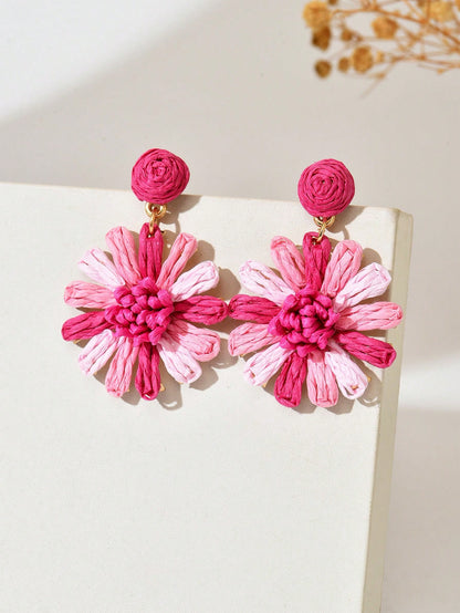 1 Pair Romantic Summer Vacation Style Fuchsia Sunflower Tassel Earrings, Handmade Woven Daisy Flower Earrings, Suitable For Women's Daily, Vacation, Party Wear (Handmade Weaving Style Random)