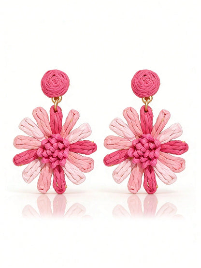 1 Pair Romantic Summer Vacation Style Fuchsia Sunflower Tassel Earrings, Handmade Woven Daisy Flower Earrings, Suitable For Women's Daily, Vacation, Party Wear (Handmade Weaving Style Random)