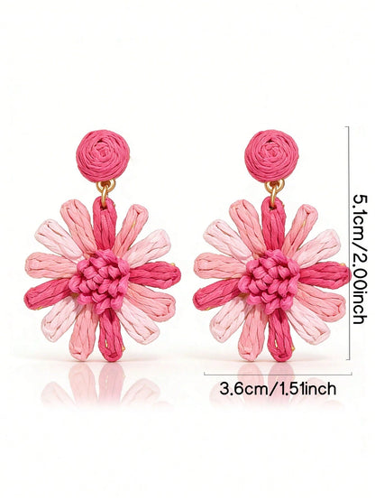 1 Pair Romantic Summer Vacation Style Fuchsia Sunflower Tassel Earrings, Handmade Woven Daisy Flower Earrings, Suitable For Women's Daily, Vacation, Party Wear (Handmade Weaving Style Random)