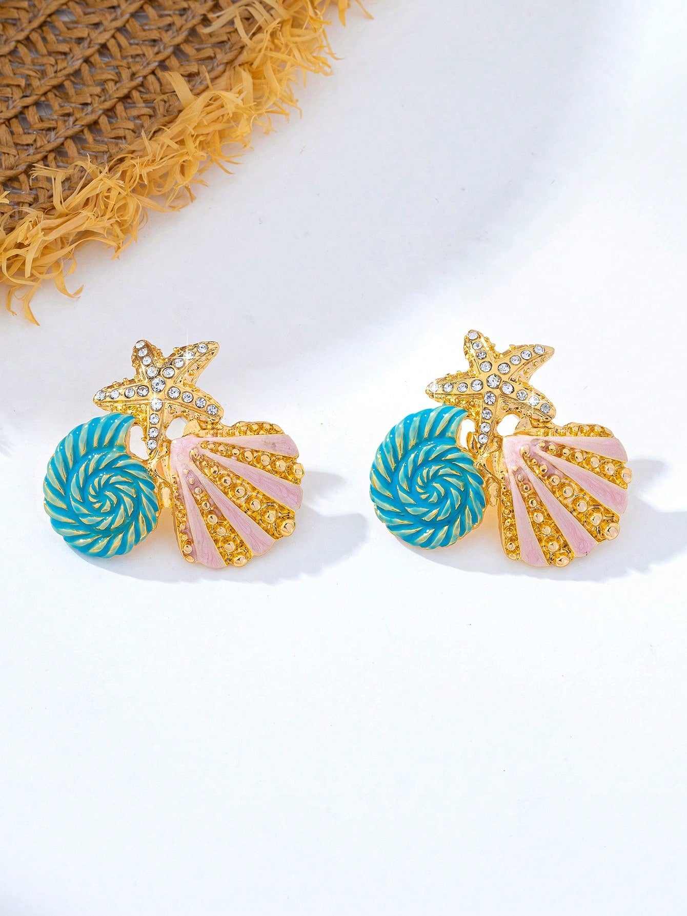 1 Pair Metal Enamel Starfish & Shell Pendant With Rhinestones, Suitable For Women's Beach Vacation, Party And Daily Wear
