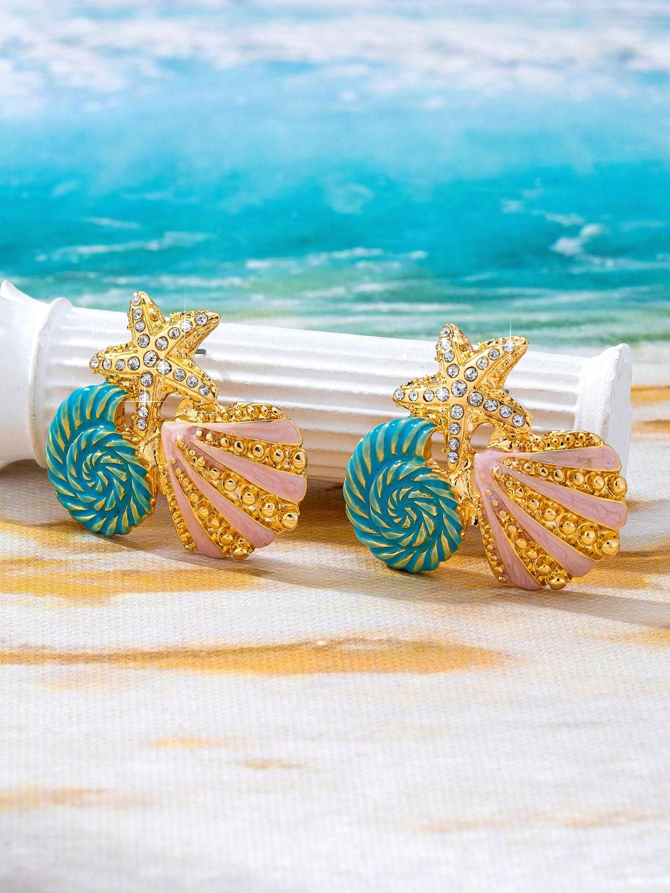 1 Pair Metal Enamel Starfish & Shell Pendant With Rhinestones, Suitable For Women's Beach Vacation, Party And Daily Wear