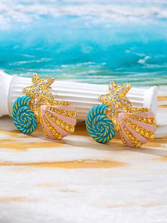 1 Pair Metal Enamel Starfish & Shell Pendant With Rhinestones, Suitable For Women's Beach Vacation, Party And Daily Wear