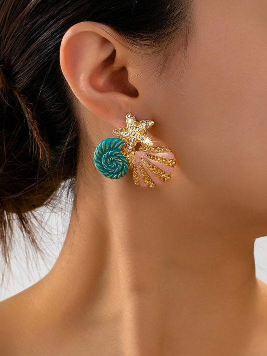 1 Pair Metal Enamel Starfish & Shell Pendant With Rhinestones, Suitable For Women's Beach Vacation, Party And Daily Wear