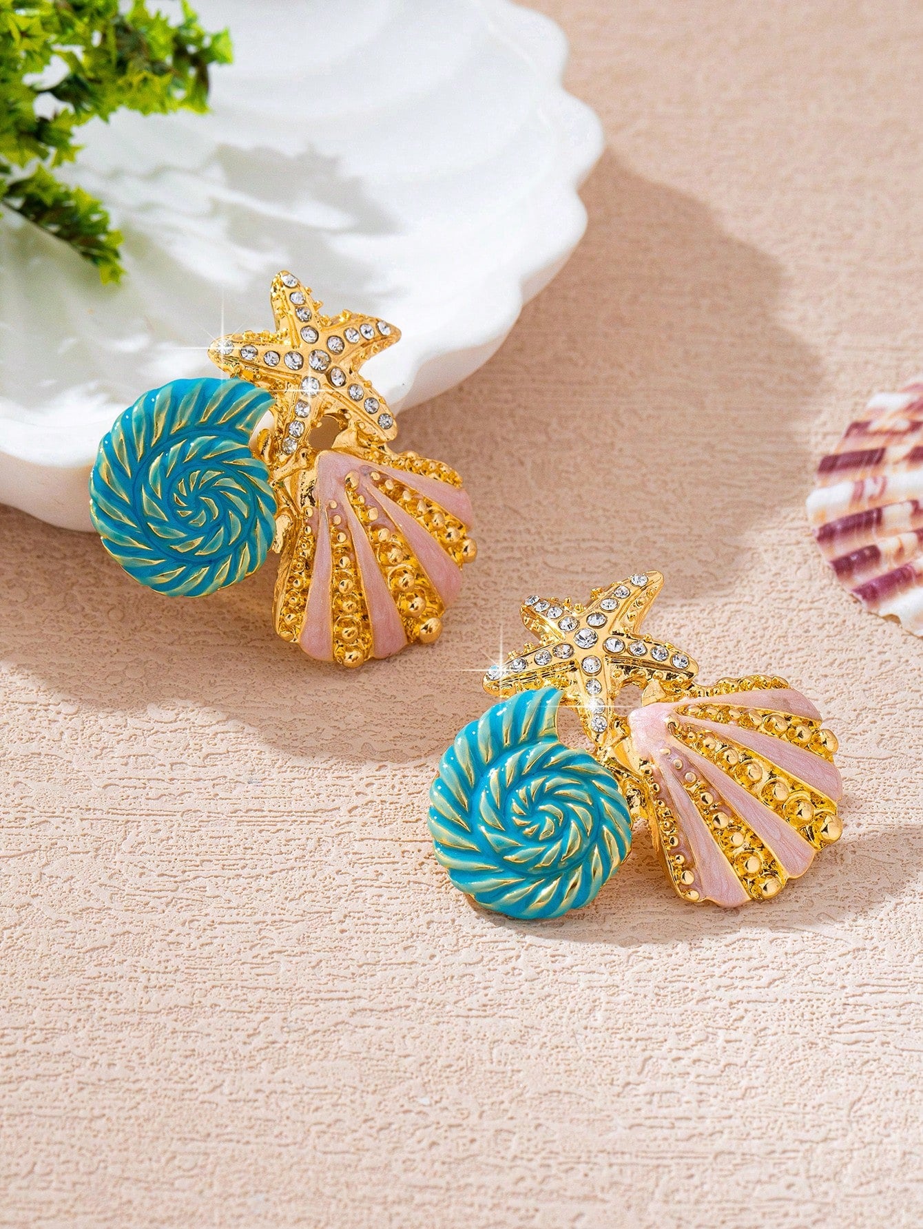1 Pair Metal Enamel Starfish & Shell Pendant With Rhinestones, Suitable For Women's Beach Vacation, Party And Daily Wear