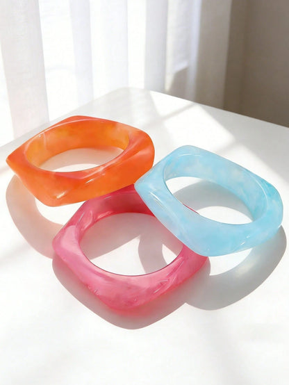 5pcs Geometric Tie-Dye Resin Curved Beach Bracelets For Women, Asymmetric Versatile Fashion Acrylic Bangles