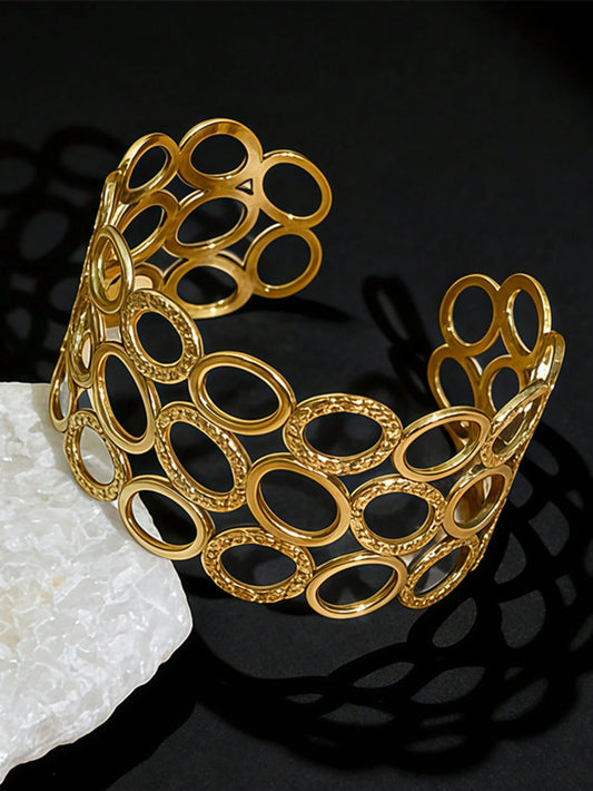 1pc Geometric Circle Versatile Open Bangle Bracelet, Fashionable Gold Stainless Steel Wide Cuff Bracelet For Women