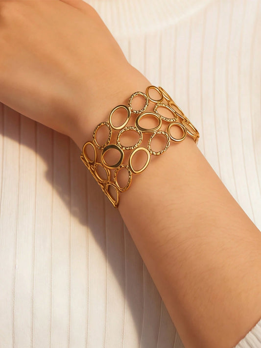 1pc Geometric Circle Versatile Open Bangle Bracelet, Fashionable Gold Stainless Steel Wide Cuff Bracelet For Women