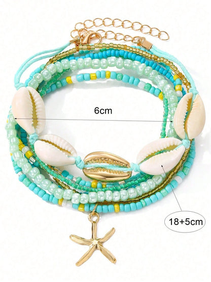 7pcs/Set Bohemian Ocean Style Fashion Elegant Beaded Acrylic Shell & Starfish Pendant Bracelets, Suitable For Casual, Beach, Holiday Wear