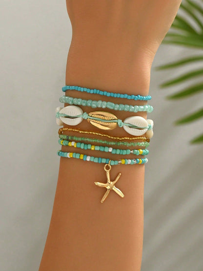 7pcs/Set Bohemian Ocean Style Fashion Elegant Beaded Acrylic Shell & Starfish Pendant Bracelets, Suitable For Casual, Beach, Holiday Wear