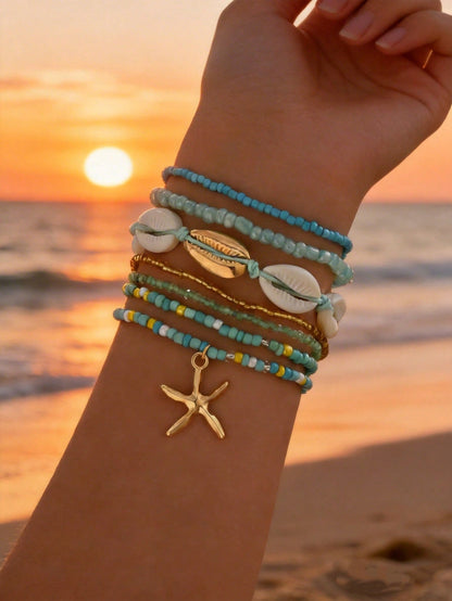 7pcs/Set Bohemian Ocean Style Fashion Elegant Beaded Acrylic Shell & Starfish Pendant Bracelets, Suitable For Casual, Beach, Holiday Wear
