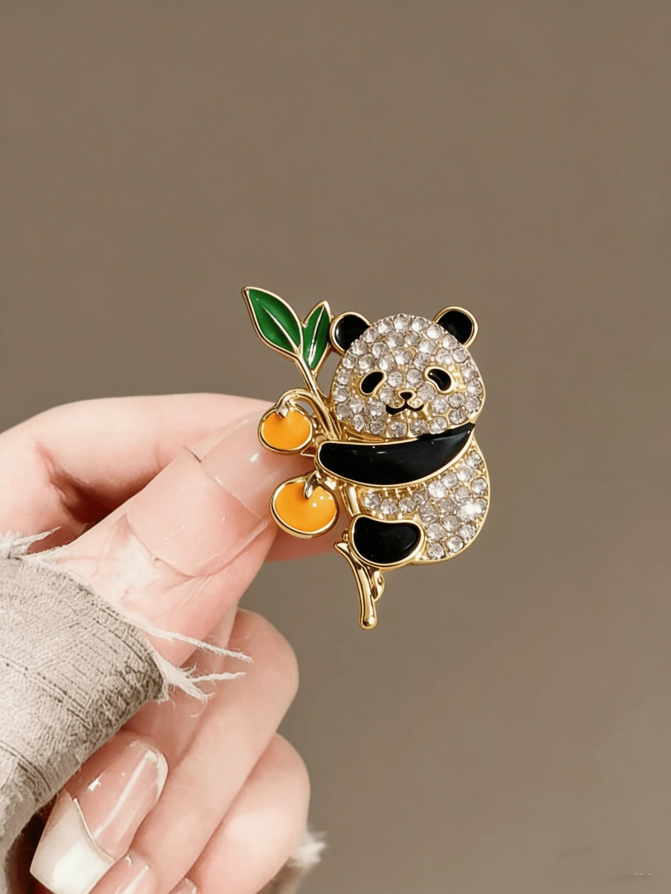 Cute Panda Brooch, Gold-Tone With Crystal Rhinestones And Enamel Persimmon, Animal Brooch For Women, Ideal Gift For Mother's Day, Valentine's Day, Chinese New Year, Graduation, Party, Daily Wear