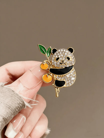 Cute Panda Brooch, Gold-Tone With Crystal Rhinestones And Enamel Persimmon, Animal Brooch For Women, Ideal Gift For Mother's Day, Valentine's Day, Chinese New Year, Graduation, Party, Daily Wear