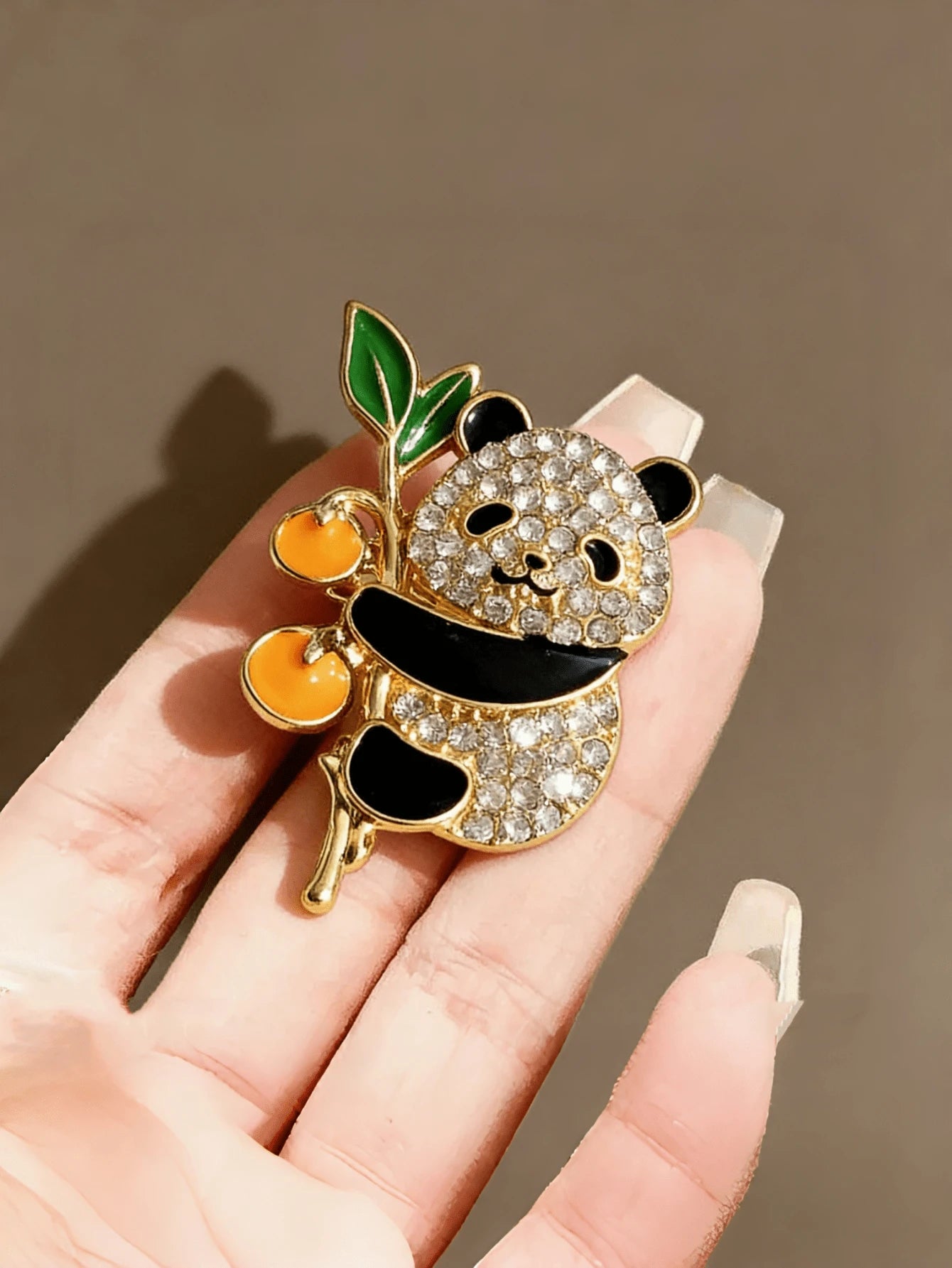 Cute Panda Brooch, Gold-Tone With Crystal Rhinestones And Enamel Persimmon, Animal Brooch For Women, Ideal Gift For Mother's Day, Valentine's Day, Chinese New Year, Graduation, Party, Daily Wear