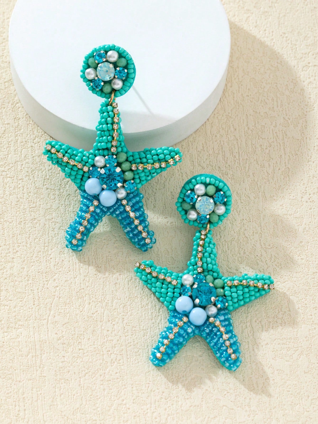WinLeaf 1 Pair Heavy-Duty Starfish Shaped Rice Bead & Rhinestone Earrings