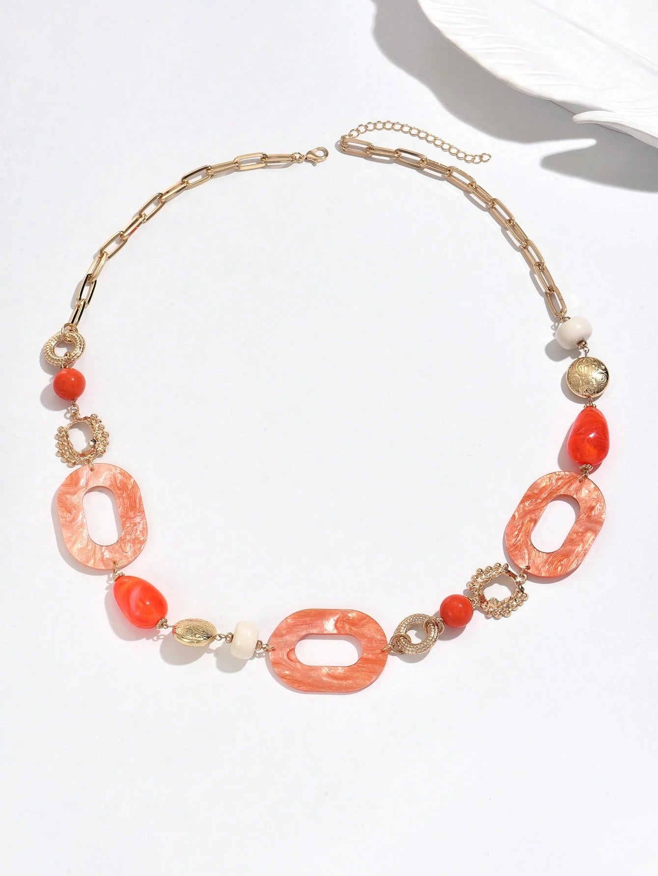 1pc Bohemian Style Asymmetrical Geometric Patchwork Design Long Necklace, Pink ABS Plastic With Orange Teardrop Long Necklace, Added Green ABS Geometric With Lake Blue Beads, Added Marble Pattern Acetate Long Necklace, Suitable For Party, Vacation, Daily Wear, Mother's Day, Thanksgiving And Other Holiday Gifts, Each ABS Plastic Bead's Position, Color, Pattern And Size Are Multicolor Handmade, Each Is Different But Does Not Affect Your Purchase