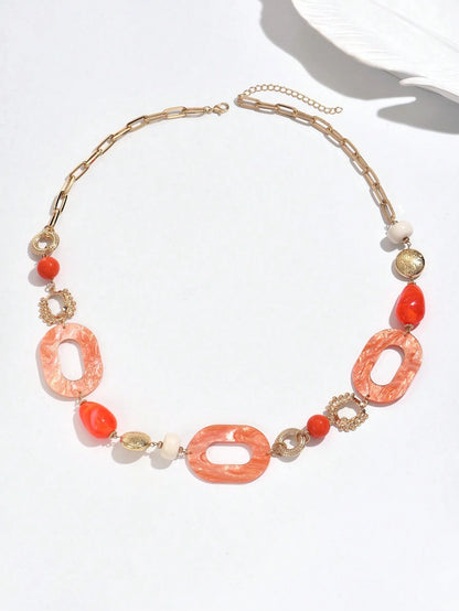 1pc Bohemian Style Asymmetrical Geometric Patchwork Design Long Necklace, Pink ABS Plastic With Orange Teardrop Long Necklace, Added Green ABS Geometric With Lake Blue Beads, Added Marble Pattern Acetate Long Necklace, Suitable For Party, Vacation, Daily Wear, Mother's Day, Thanksgiving And Other Holiday Gifts, Each ABS Plastic Bead's Position, Color, Pattern And Size Are Multicolor Handmade, Each Is Different But Does Not Affect Your Purchase