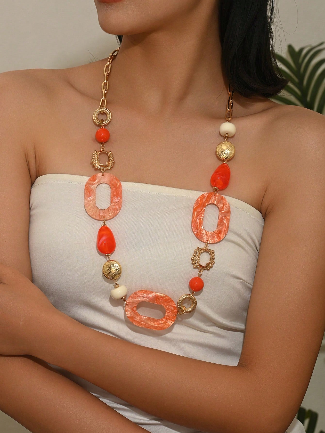 1pc Bohemian Style Asymmetrical Geometric Patchwork Design Long Necklace, Pink ABS Plastic With Orange Teardrop Long Necklace, Added Green ABS Geometric With Lake Blue Beads, Added Marble Pattern Acetate Long Necklace, Suitable For Party, Vacation, Daily Wear, Mother's Day, Thanksgiving And Other Holiday Gifts, Each ABS Plastic Bead's Position, Color, Pattern And Size Are Multicolor Handmade, Each Is Different But Does Not Affect Your Purchase