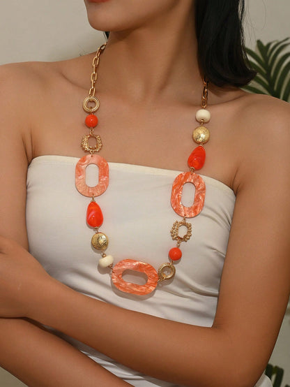 1pc Bohemian Style Asymmetrical Geometric Patchwork Design Long Necklace, Pink ABS Plastic With Orange Teardrop Long Necklace, Added Green ABS Geometric With Lake Blue Beads, Added Marble Pattern Acetate Long Necklace, Suitable For Party, Vacation, Daily Wear, Mother's Day, Thanksgiving And Other Holiday Gifts, Each ABS Plastic Bead's Position, Color, Pattern And Size Are Multicolor Handmade, Each Is Different But Does Not Affect Your Purchase