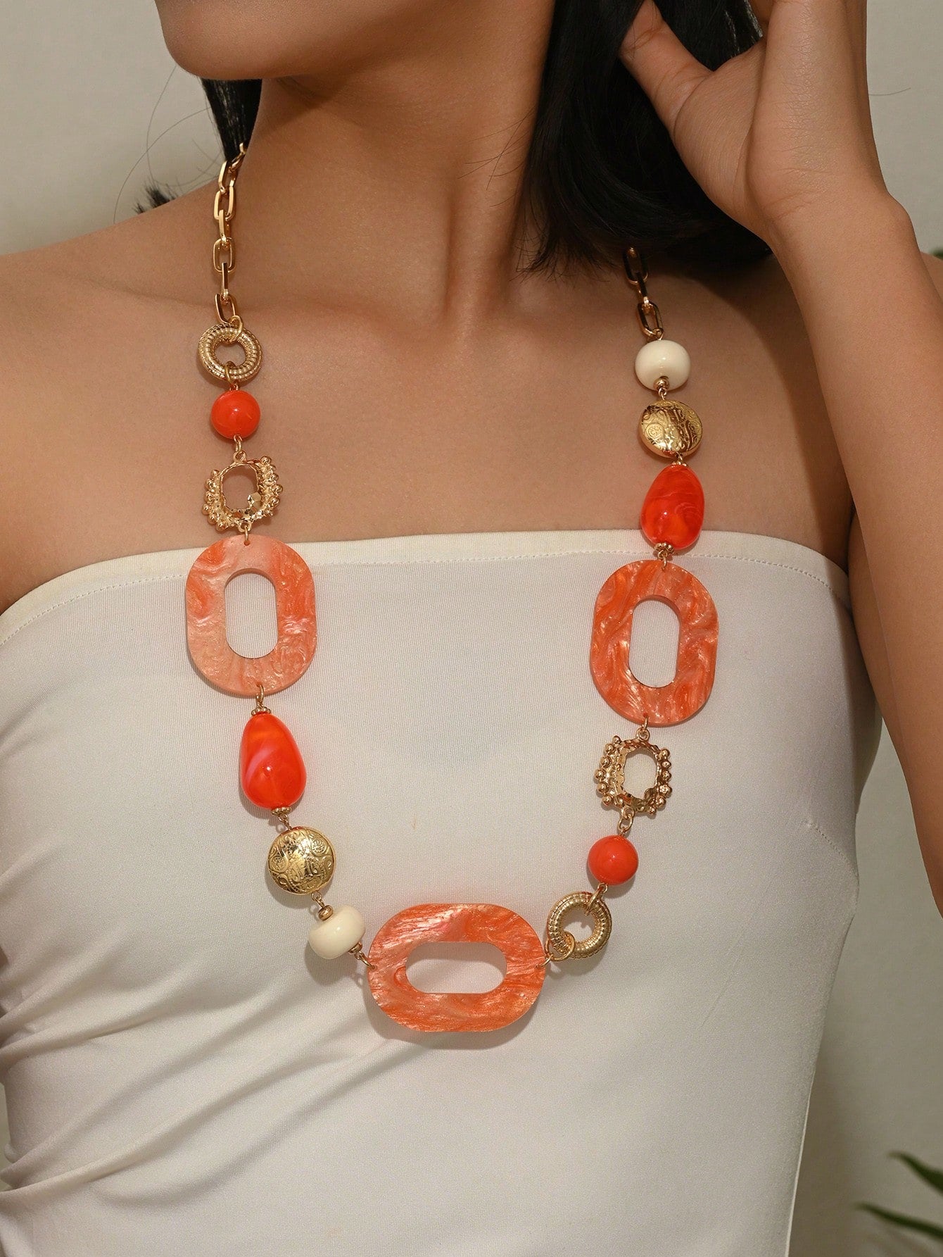 1pc Bohemian Style Asymmetrical Geometric Patchwork Design Long Necklace, Pink ABS Plastic With Orange Teardrop Long Necklace, Added Green ABS Geometric With Lake Blue Beads, Added Marble Pattern Acetate Long Necklace, Suitable For Party, Vacation, Daily Wear, Mother's Day, Thanksgiving And Other Holiday Gifts, Each ABS Plastic Bead's Position, Color, Pattern And Size Are Multicolor Handmade, Each Is Different But Does Not Affect Your Purchase