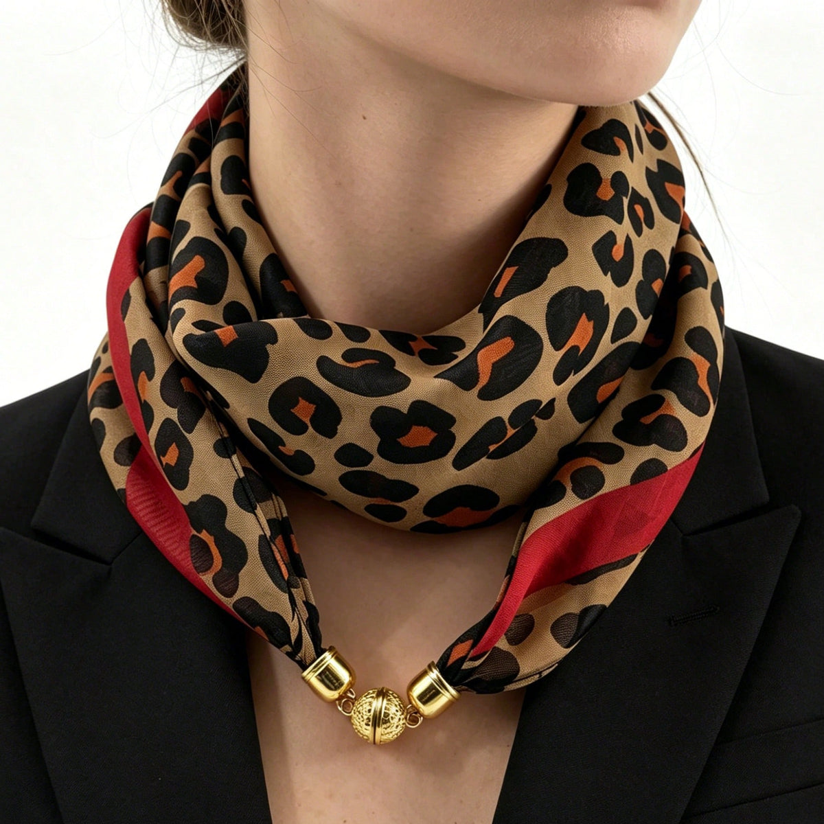 1pc Women's Convenient Magnetic Clasp Leopard Print Scarf, Faux Silk Material Lightweight Soft Smooth