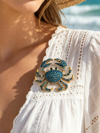 1pc Fashionable & Elegant Women's Rhinestone Crab Brooch, Suitable For Beach Vacation Casual Wear Decoration