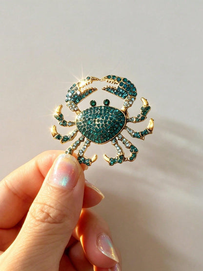 1pc Fashionable & Elegant Women's Rhinestone Crab Brooch, Suitable For Beach Vacation Casual Wear Decoration