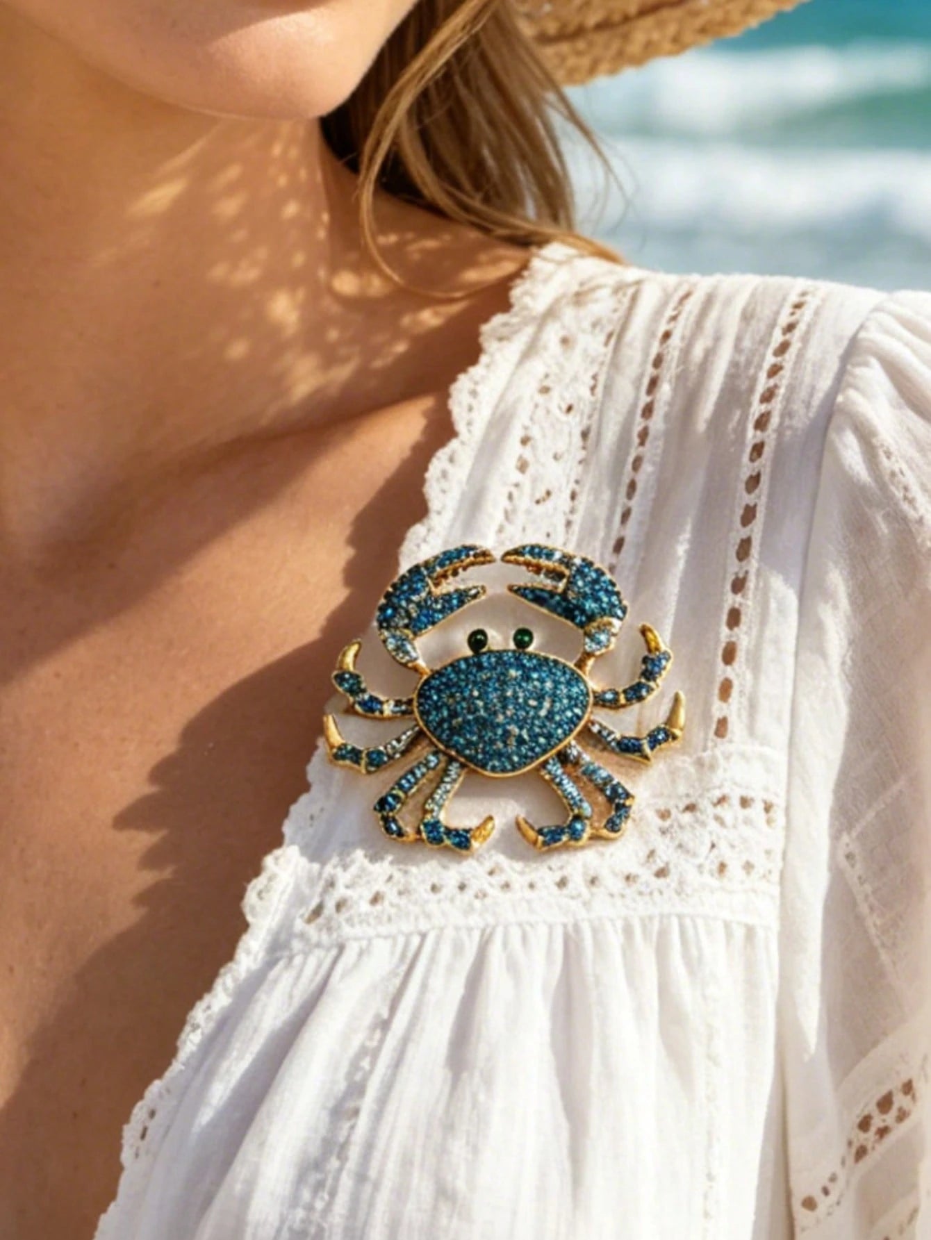 1pc Fashionable & Elegant Women's Rhinestone Crab Brooch, Suitable For Beach Vacation Casual Wear Decoration