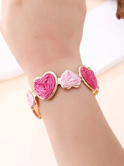 1pc Dopamine Powder Ombre Raffia Heart Bracelet, Luxury Gold Open Bangle, Niche Sweet Girl Style Versatile Accessory For Daily Commute, Date, Beach Vacation, BFF Gift, Valentine's Day, Picnic Photo Shoot, Spring/Summer Layering