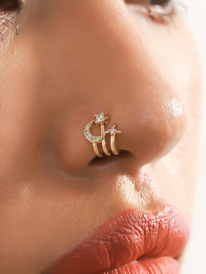 1pc Fashionable Versatile No-Piercing Moon & Star Design Nose Clip, Suitable For Women's Daily, Party And Event Wear
