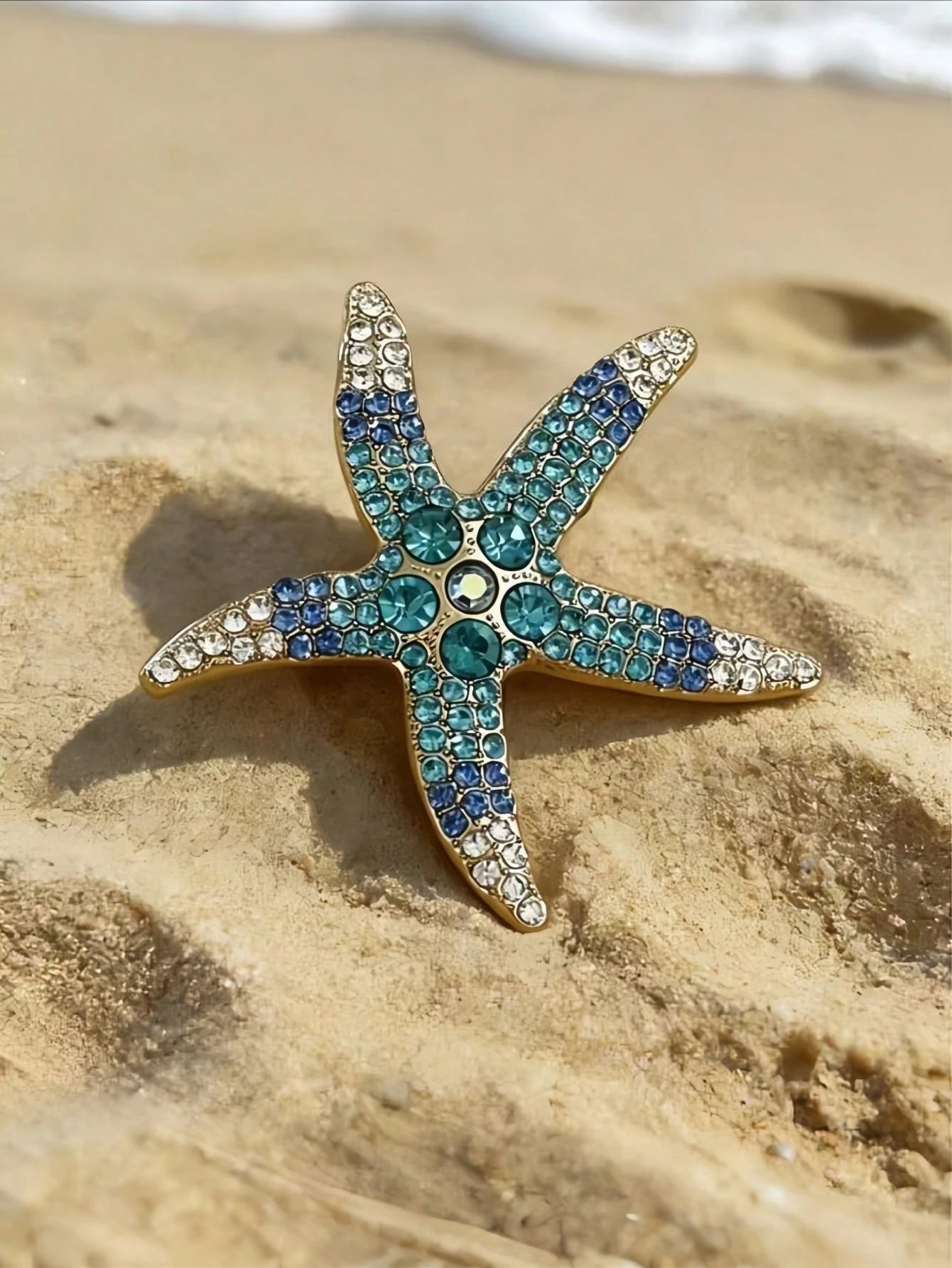 Gold Star Brooch Pin, DIY Blue-Green Crystal Inlaid Brooch, Ocean Beach Themed Jewelry, Elegant Summer Accessory, Father's Day Valentine's Day Birthday Gift For Women And Girls, Suit Lapel Wedding Party Decor