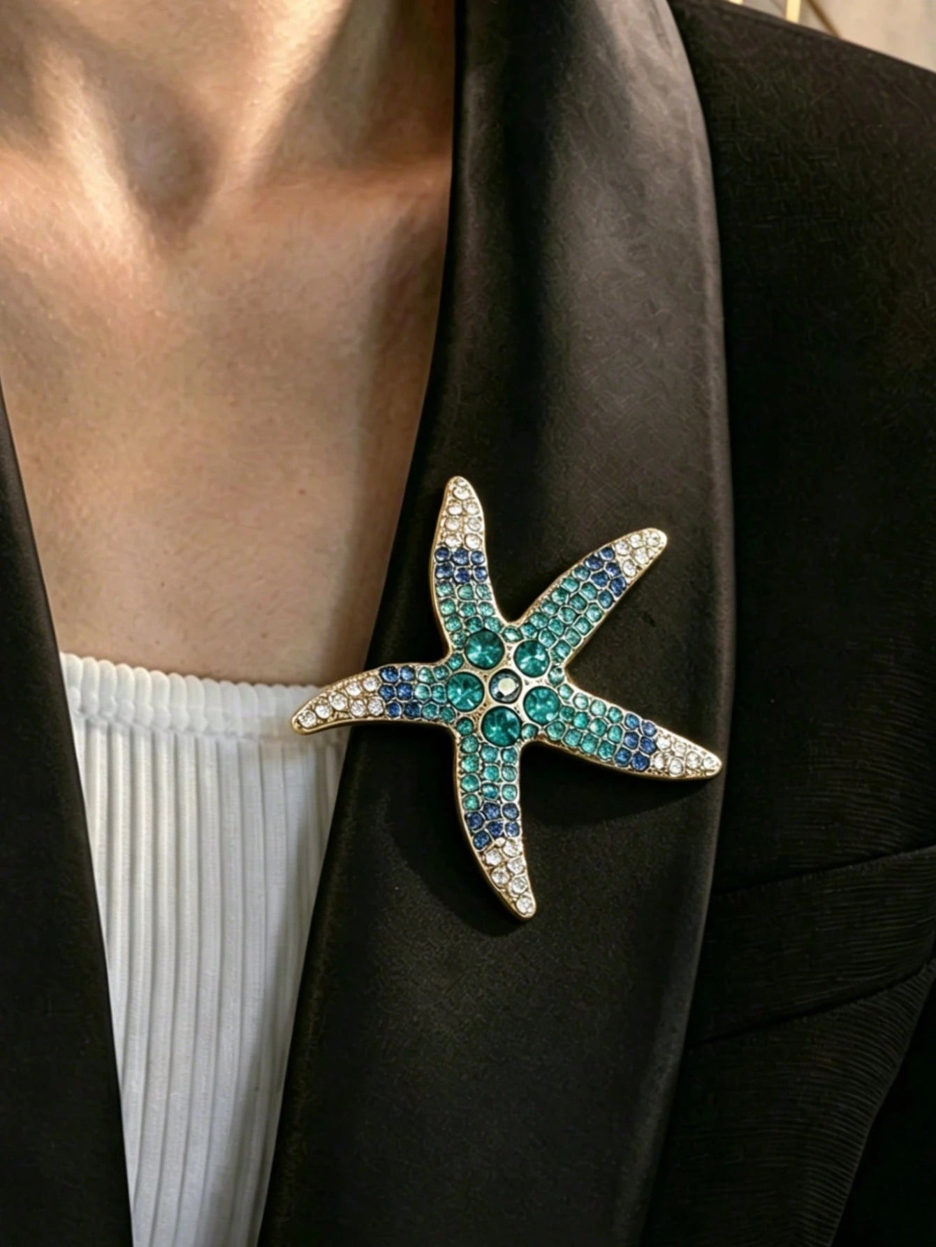Gold Star Brooch Pin, DIY Blue-Green Crystal Inlaid Brooch, Ocean Beach Themed Jewelry, Elegant Summer Accessory, Father's Day Valentine's Day Birthday Gift For Women And Girls, Suit Lapel Wedding Party Decor