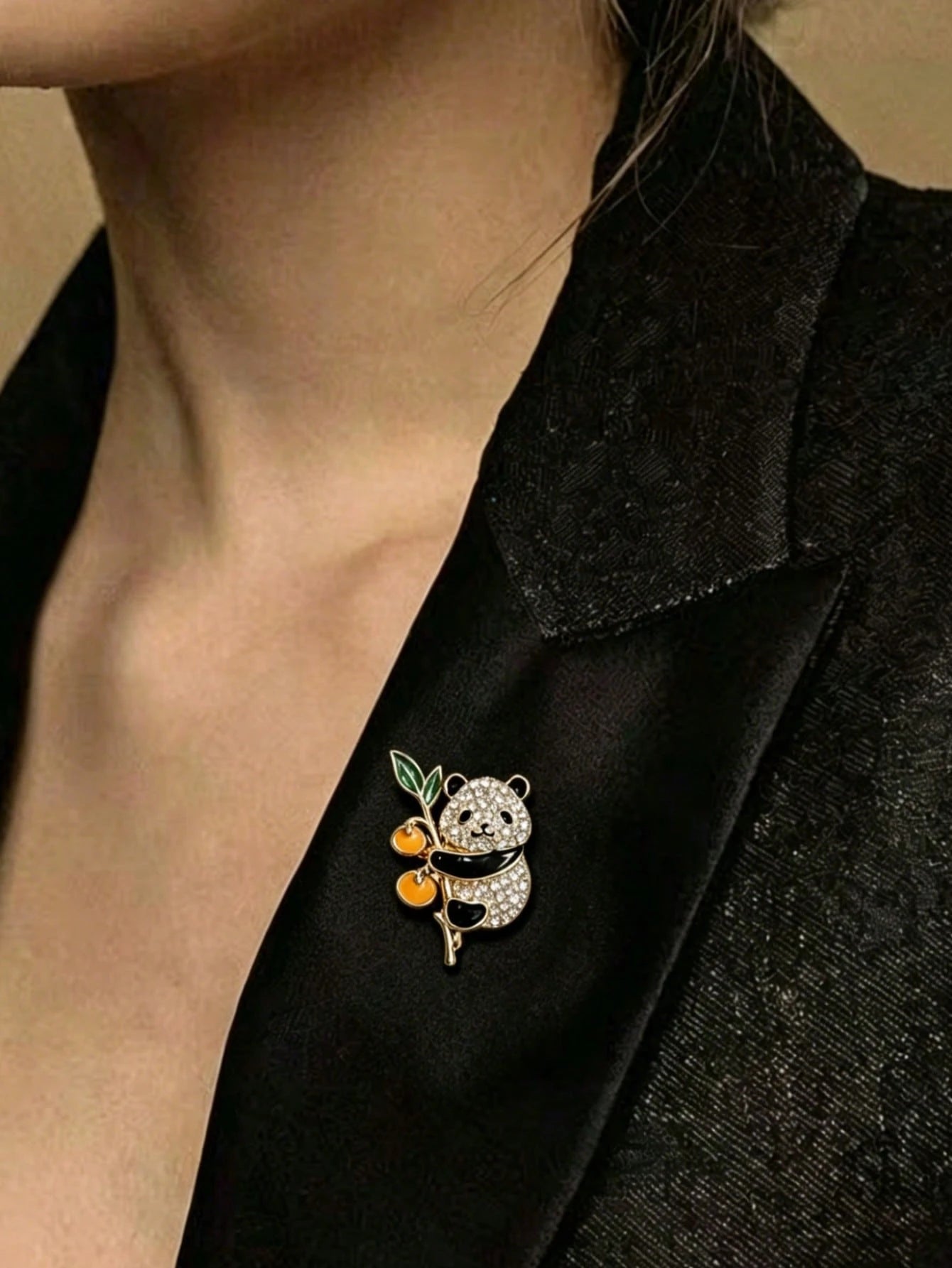 Cute Panda Brooch, Gold-Tone With Crystal Rhinestones And Enamel Persimmon, Animal Brooch For Women, Ideal Gift For Mother's Day, Valentine's Day, Chinese New Year, Graduation, Party, Daily Wear