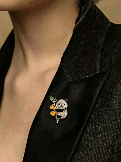 Cute Panda Brooch, Gold-Tone With Crystal Rhinestones And Enamel Persimmon, Animal Brooch For Women, Ideal Gift For Mother's Day, Valentine's Day, Chinese New Year, Graduation, Party, Daily Wear
