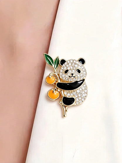 Cute Panda Brooch, Gold-Tone With Crystal Rhinestones And Enamel Persimmon, Animal Brooch For Women, Ideal Gift For Mother's Day, Valentine's Day, Chinese New Year, Graduation, Party, Daily Wear