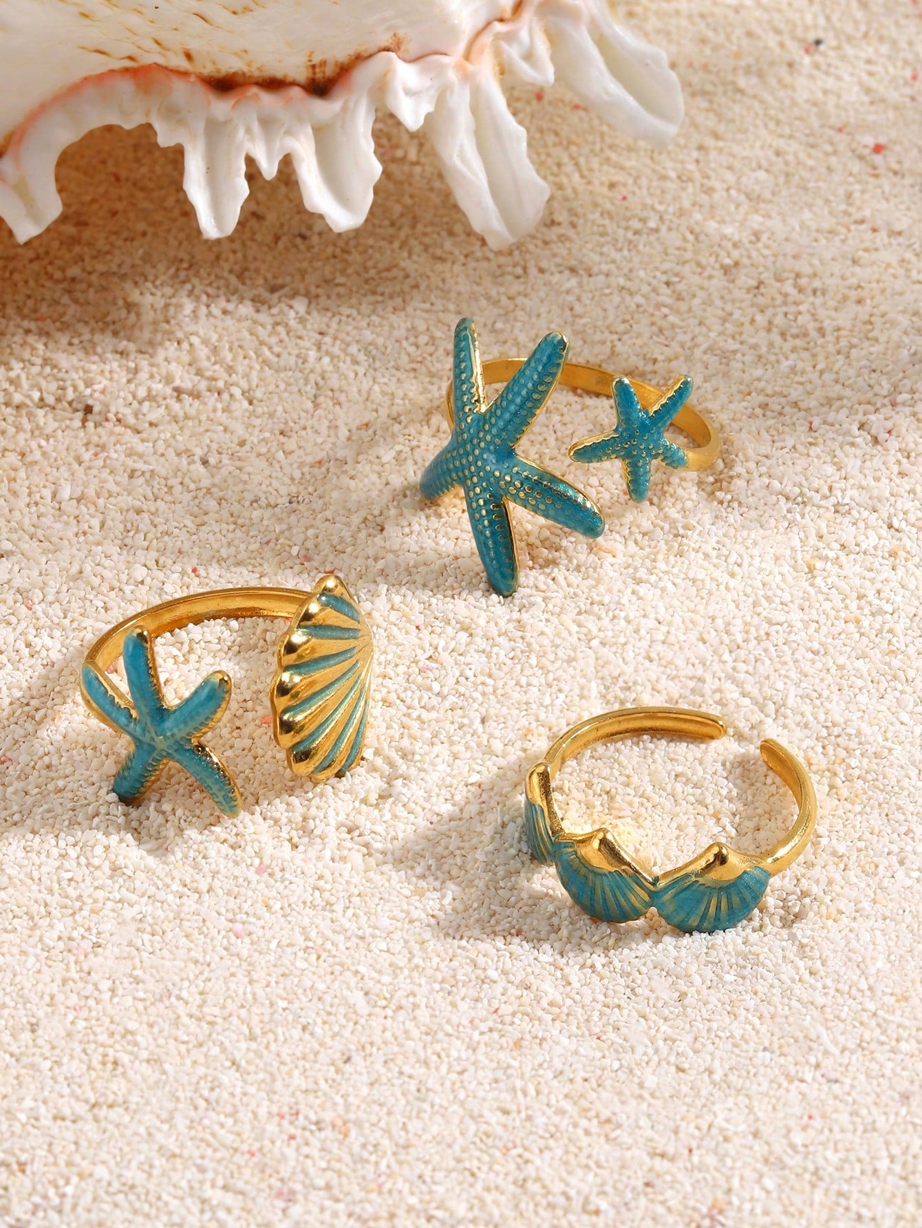 3pcs/Set Stainless Steel Teal Blue Drip Oil Starfish & Shell Ring Set, Suitable For Women Beach, Party, Holiday Wear