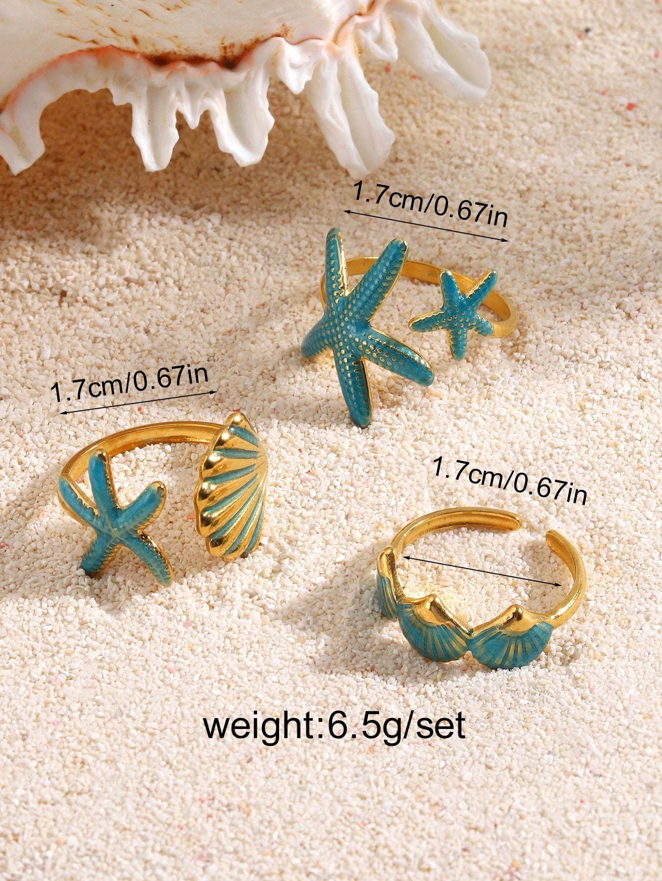 3pcs/Set Stainless Steel Teal Blue Drip Oil Starfish & Shell Ring Set, Suitable For Women Beach, Party, Holiday Wear