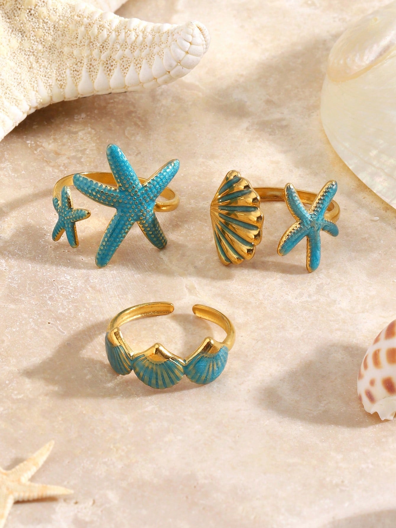3pcs/Set Stainless Steel Teal Blue Drip Oil Starfish & Shell Ring Set, Suitable For Women Beach, Party, Holiday Wear