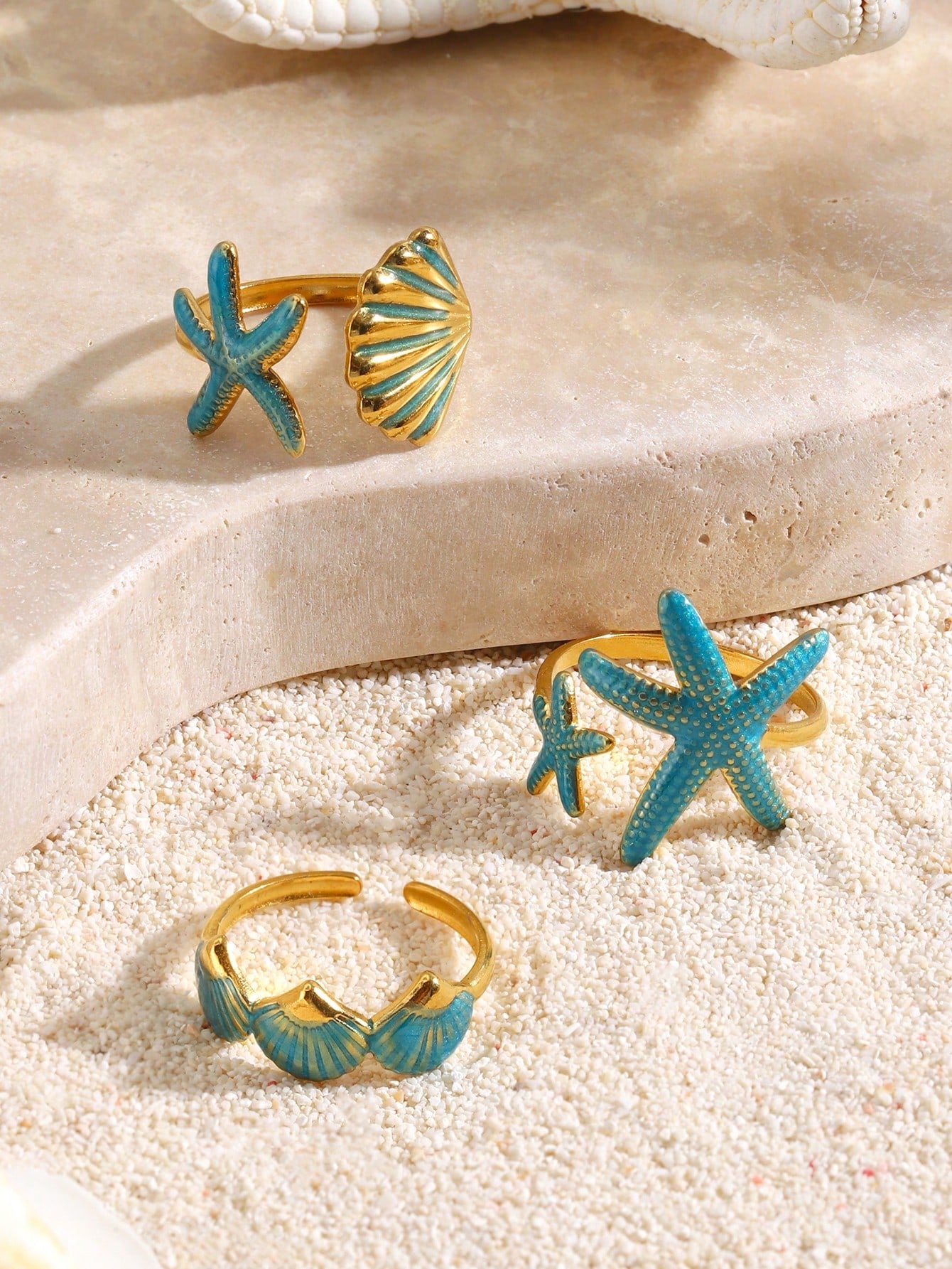 3pcs/Set Stainless Steel Teal Blue Drip Oil Starfish & Shell Ring Set, Suitable For Women Beach, Party, Holiday Wear