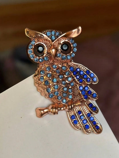 Vintage Owl Brooch With Blue Rhinestones, Crystal Bird Brooch Suitable For Women, Gold Enamel Animal Brooch, Elegant Halloween, Party And Daily Wear Jewelry, Suitable For Hats, Scarves, Shawls, Sweaters And Cardigans
