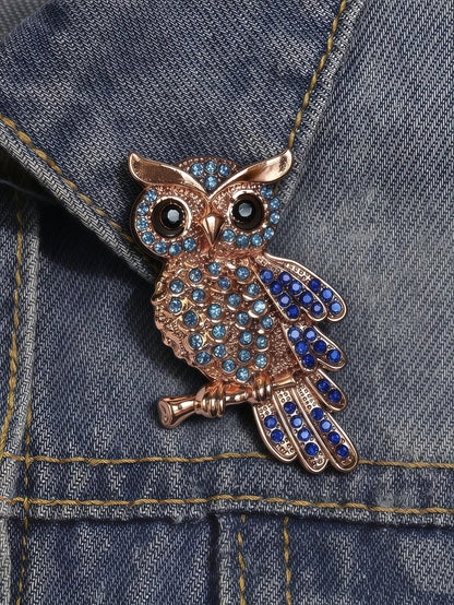 Vintage Owl Brooch With Blue Rhinestones, Crystal Bird Brooch Suitable For Women, Gold Enamel Animal Brooch, Elegant Halloween, Party And Daily Wear Jewelry, Suitable For Hats, Scarves, Shawls, Sweaters And Cardigans