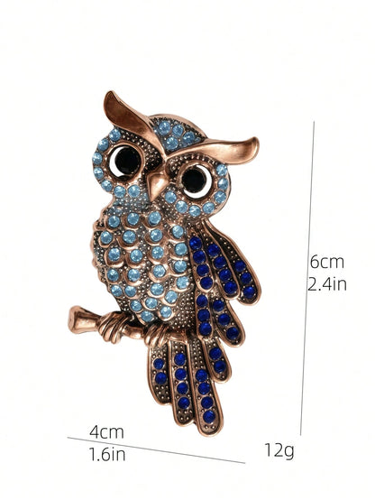 Vintage Owl Brooch With Blue Rhinestones, Crystal Bird Brooch Suitable For Women, Gold Enamel Animal Brooch, Elegant Halloween, Party And Daily Wear Jewelry, Suitable For Hats, Scarves, Shawls, Sweaters And Cardigans