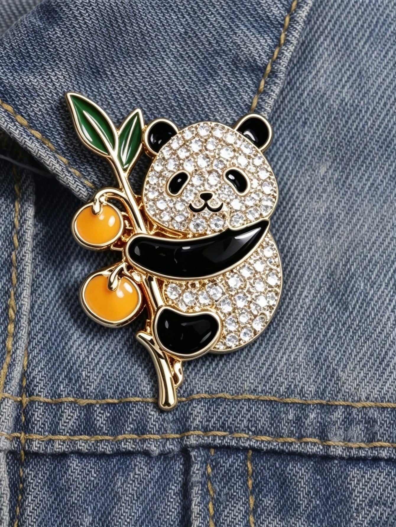 Cute Panda Brooch, Gold-Tone With Crystal Rhinestones And Enamel Persimmon, Animal Brooch For Women, Ideal Gift For Mother's Day, Valentine's Day, Chinese New Year, Graduation, Party, Daily Wear