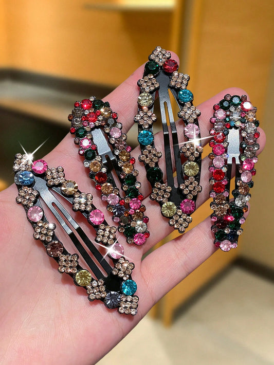 4pcs Women's Luxury Colorful Rhinestone Hair Clips, Including BB Clips, Bangs Clips, Side Clips, Vintage Elegant Style, Suitable For Daily Casual, Outing, Party, Date Wear,Hair Barrettes,Hair Claws