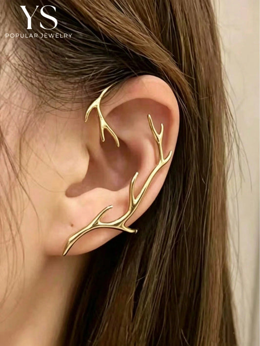 1 pieza Clip de oreja con cuerno de ciervo geométrico, joyería versátil minimalista de tono dorado elegante, accesorio de joyería para estudiantes