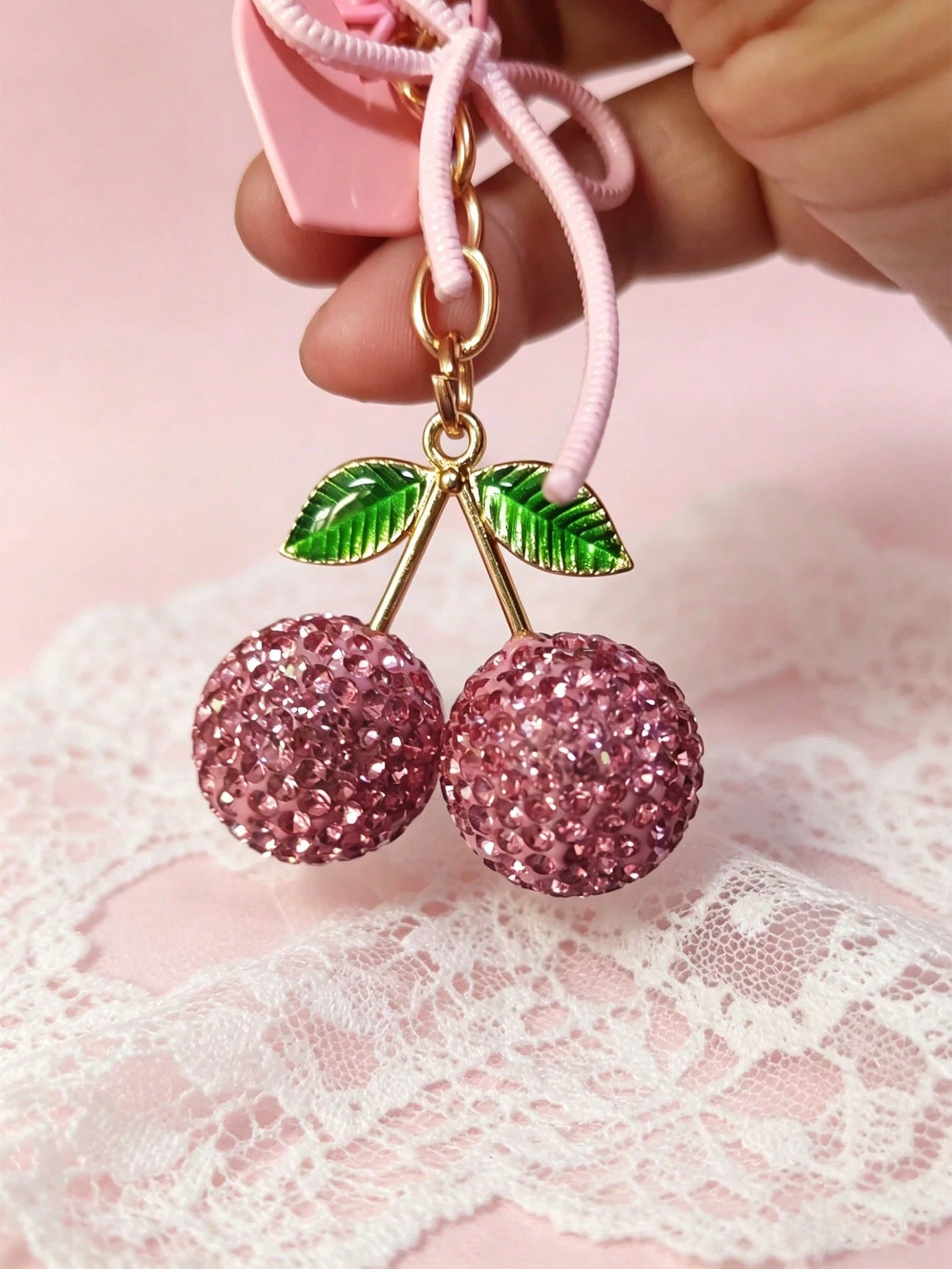 Vintage Red Rhinestone Cherry Key Chain, Bow & Heart Dual Pendant, Sweet Girl Style Bag Charm, Car Key Chain, Unique Delicate Gift For Best Friend Gifts For Mother, Father, Graduation, And Teacher